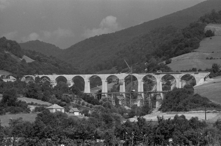 Construction on viaduct, Yugoslavia.